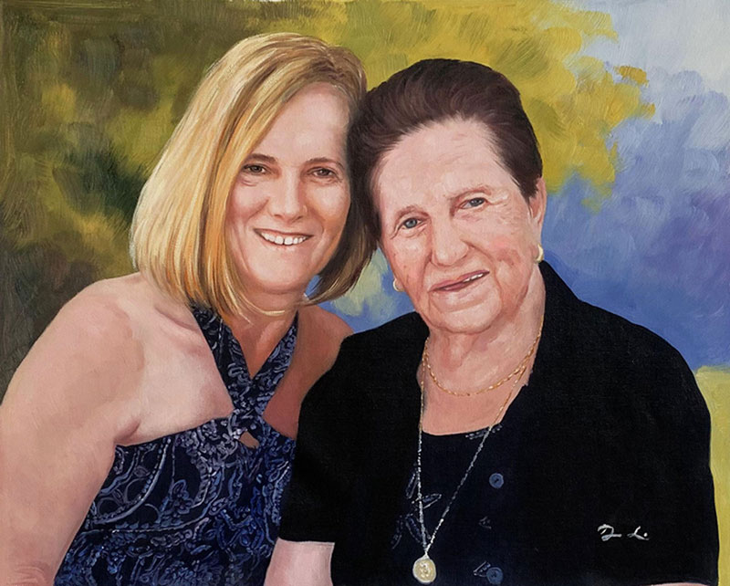Oil painting portrait of two women, one younger with blonde hair and one older with brown hair, posing together.