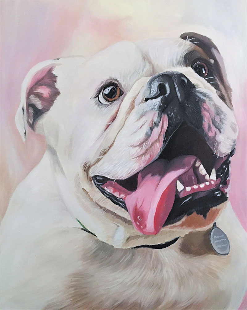 Painting of a white bulldog with its tongue out.