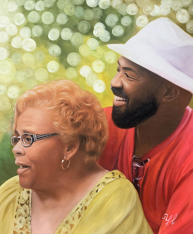 Painting of a smiling older woman and a smiling man wearing a white hat.