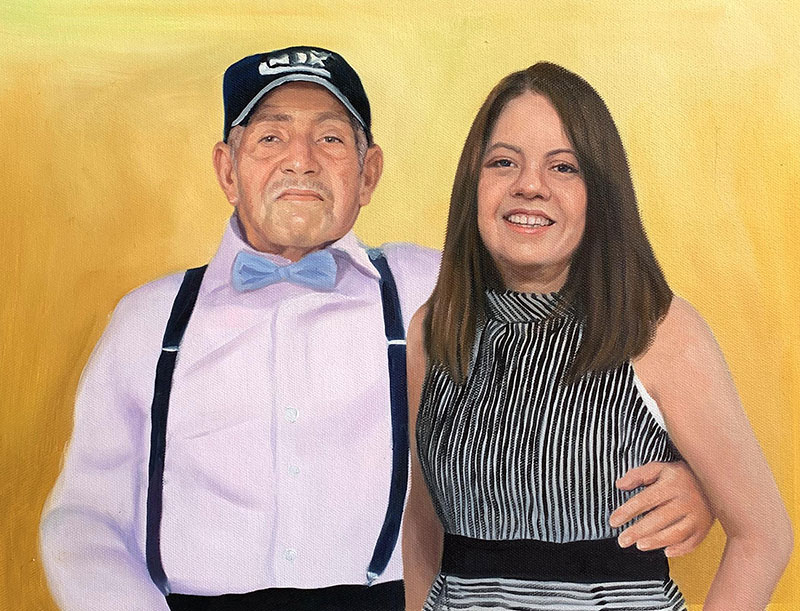 Painting of an older man in a baseball cap and suspenders with a younger woman in a striped dress.
