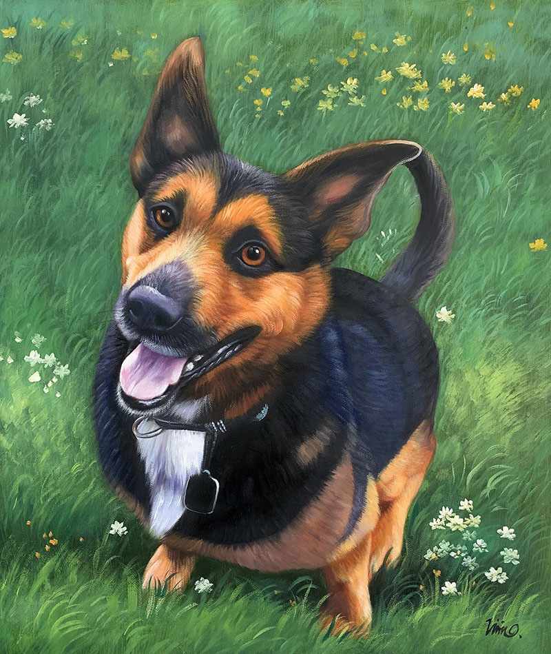Painting of a happy dog in a field of flowers