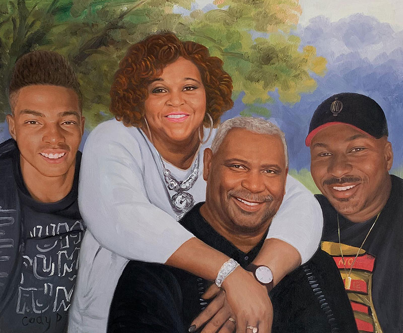 Painted portrait of a family: two adult men, a woman, and a teenage boy.