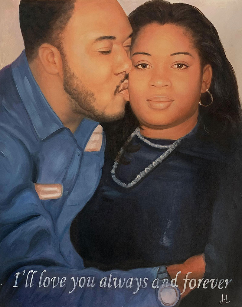 Painting of a man kissing a woman on the cheek, I`ll love you always and forever is written at the bottom.