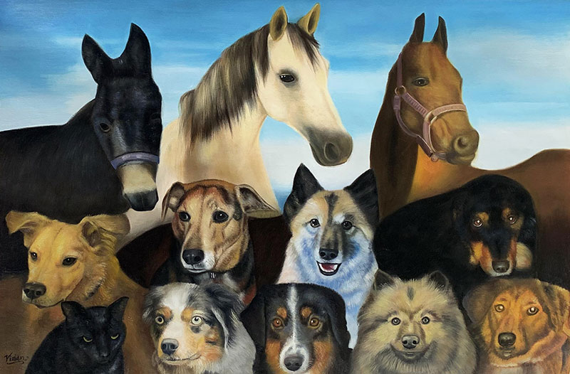 Painting of three horses and numerous dogs and a cat.