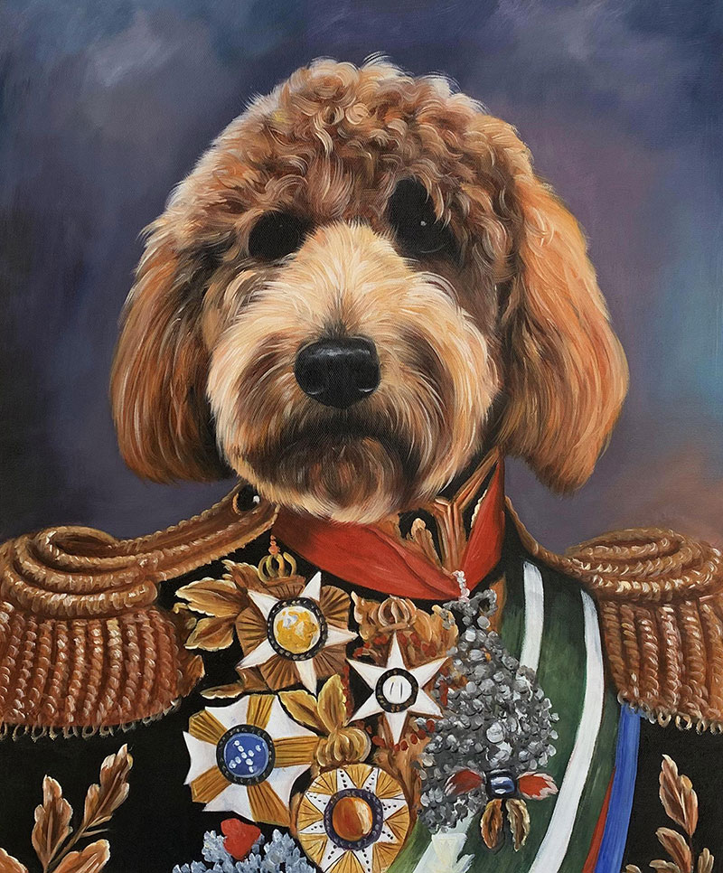 Painting of a brown poodle dog in a military uniform