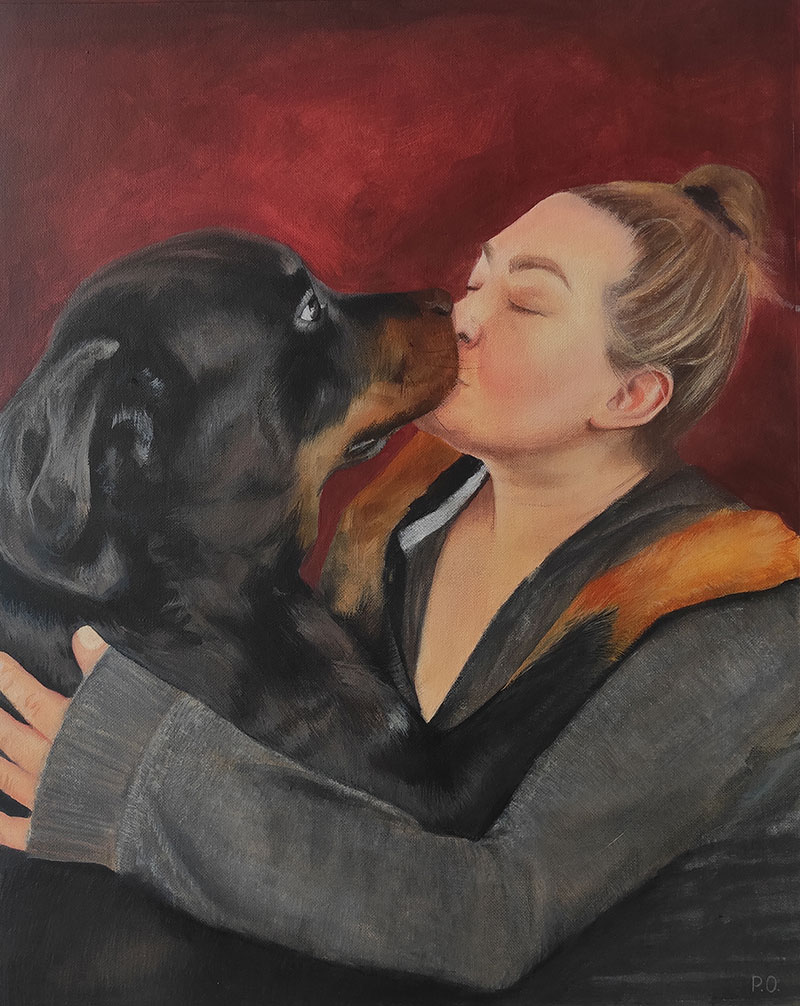 Painting of a woman and her Rottweiler kissing.