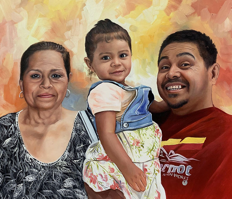 Painted portrait of a family: grandmother, toddler, and father.