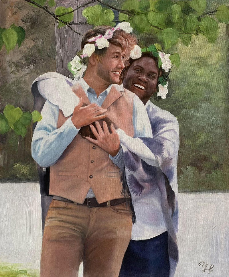 Painting of a smiling gay couple embracing, wearing flower crowns.