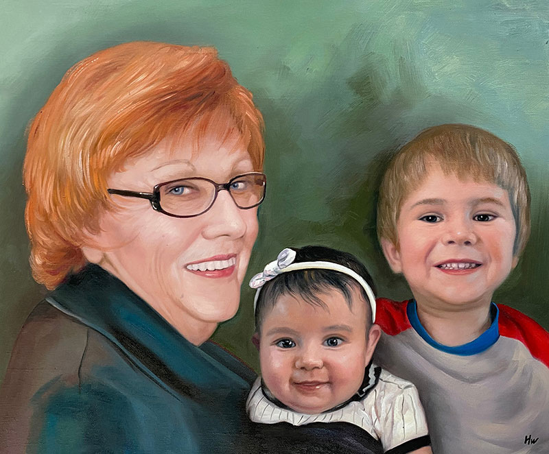 Painted portrait of a grandmother with a baby and a toddler.