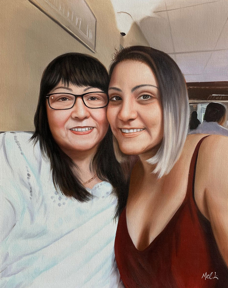 Oil painting portrait of two women, one wearing glasses and a white top, the other in a maroon dress, embracing.