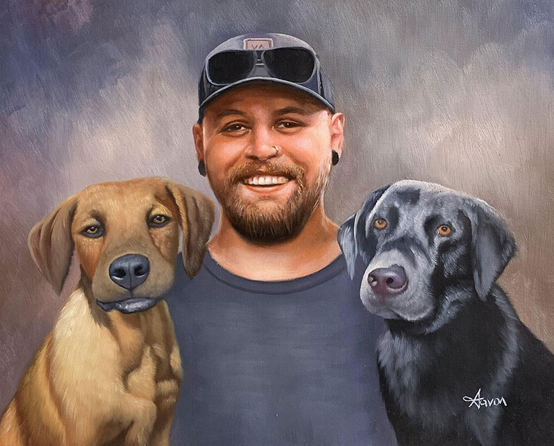 Painting of a man with a light brown dog and a black dog.