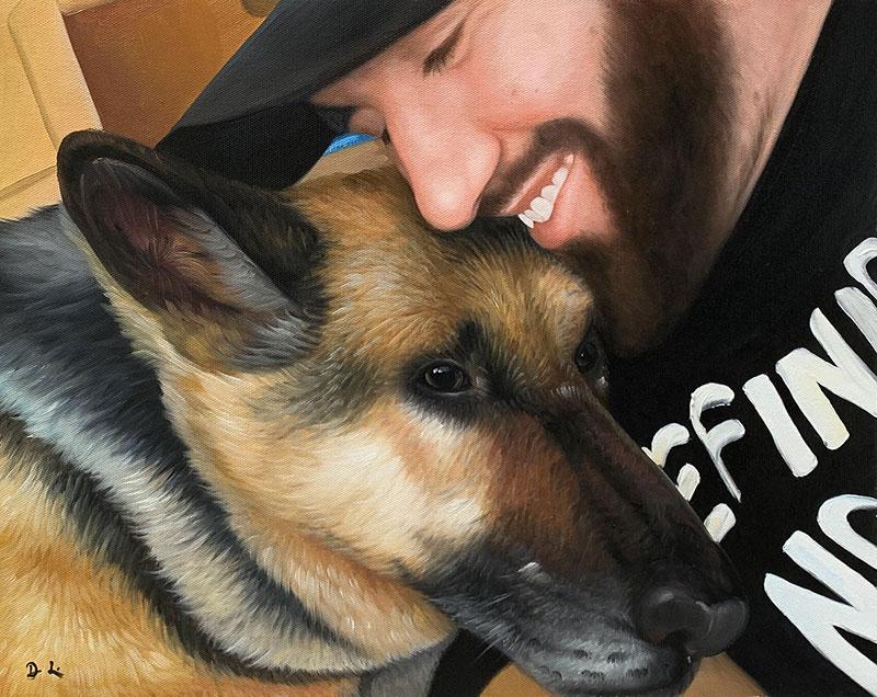 Painting of a man embracing a German Shepherd dog.