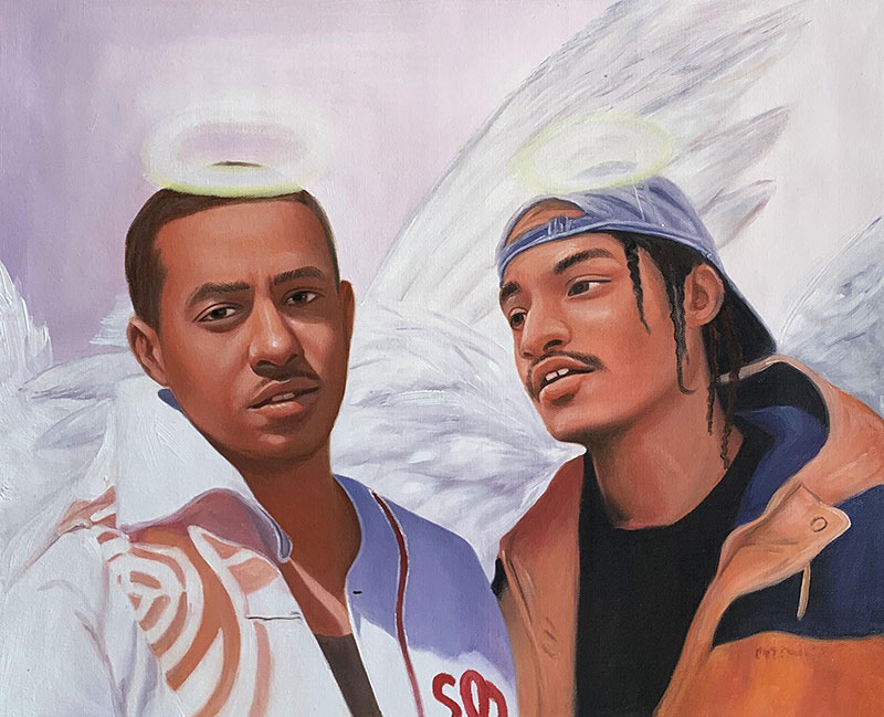 Painting of two young Black men with angel wings and halos.