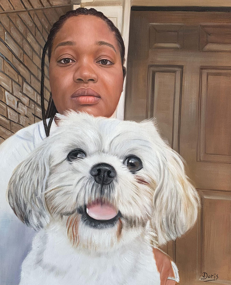 Painting of a Black woman holding a white Shih Tzu dog.