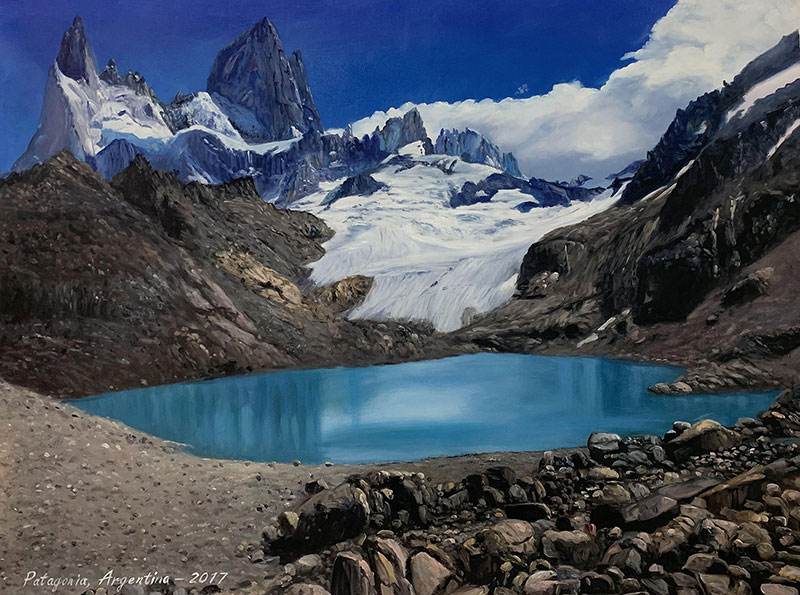 Painting of a glacial lake in Patagonia, Argentina, with snow-capped mountains in the background.
