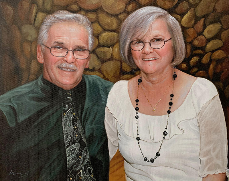 Painted portrait of an elderly couple.