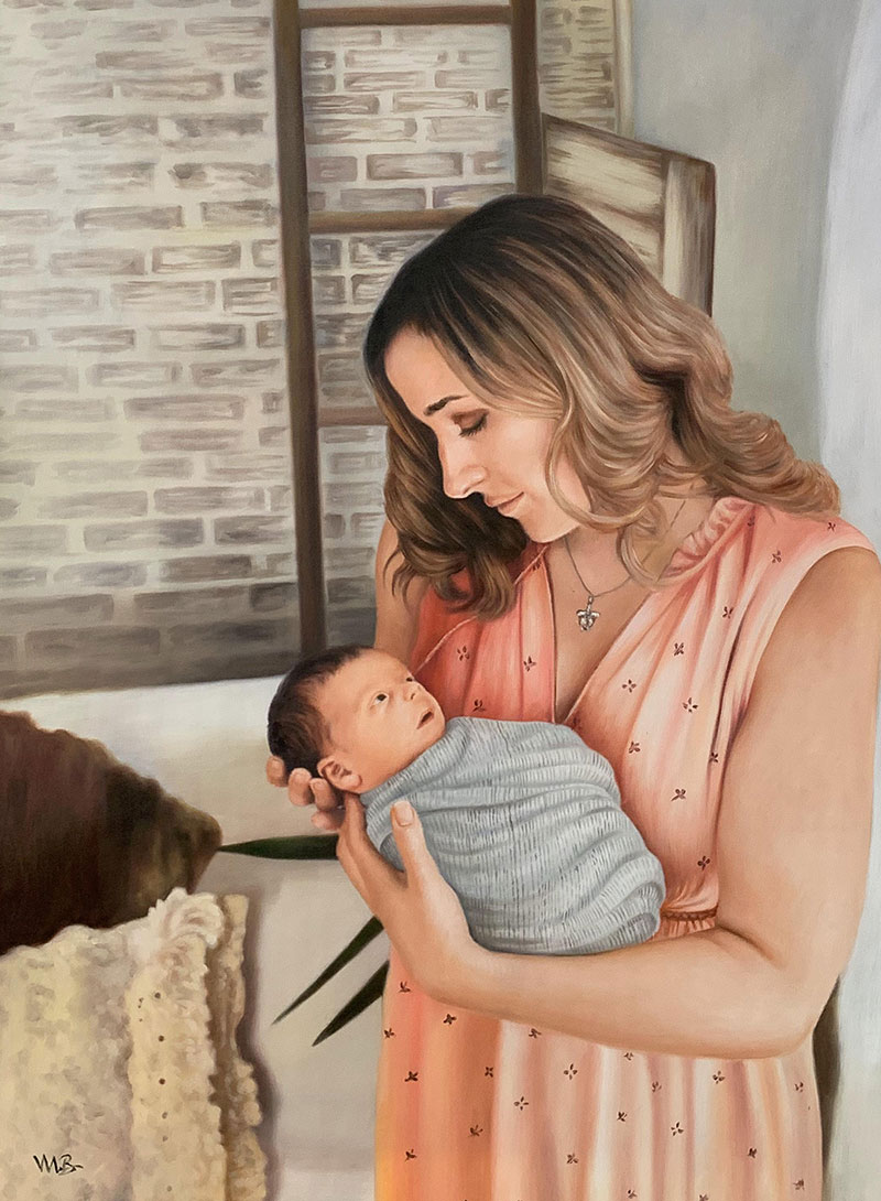 Painting of a mother holding her newborn baby.
