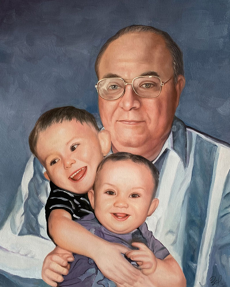 Oil painting of a grandfather holding two grandsons.
