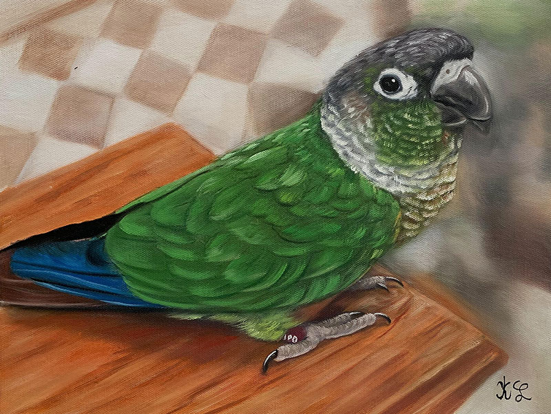 Painting of a green and blue Senegal parrot perched on a wooden surface