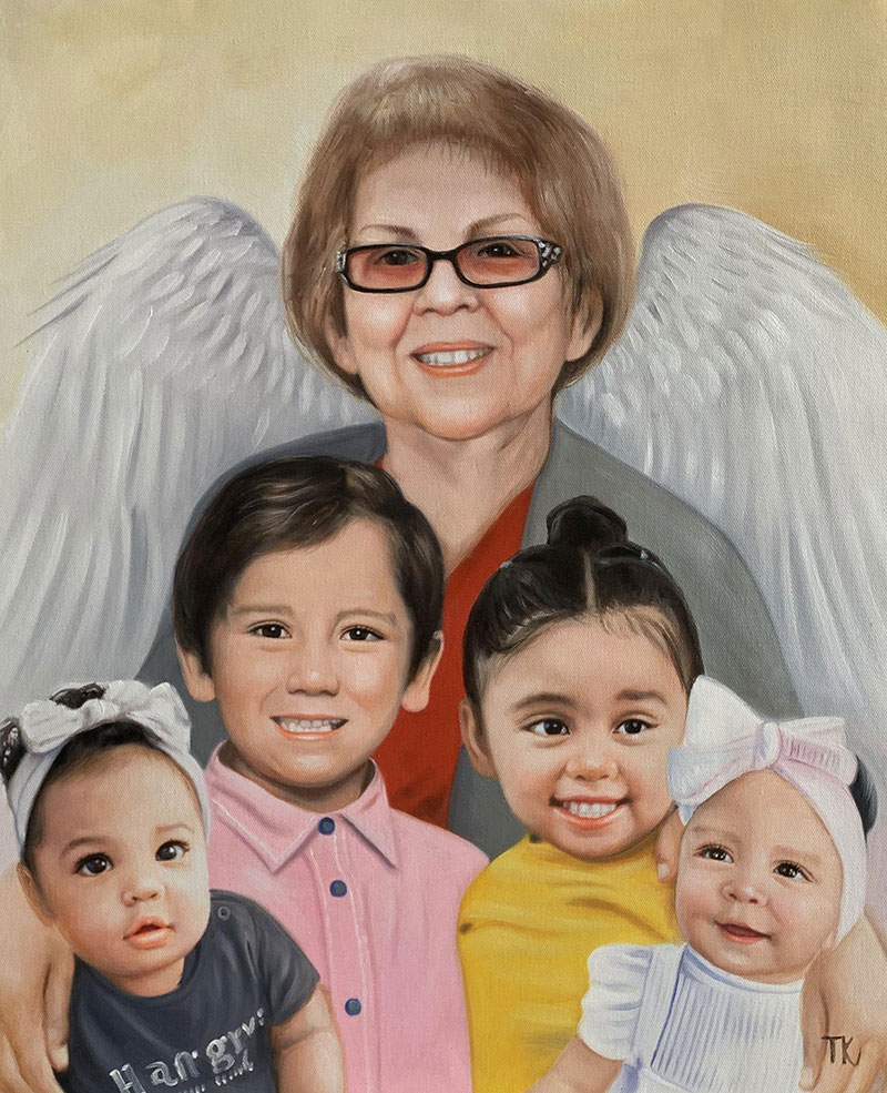 Painting of a grandmother with angel wings and her four grandchildren.