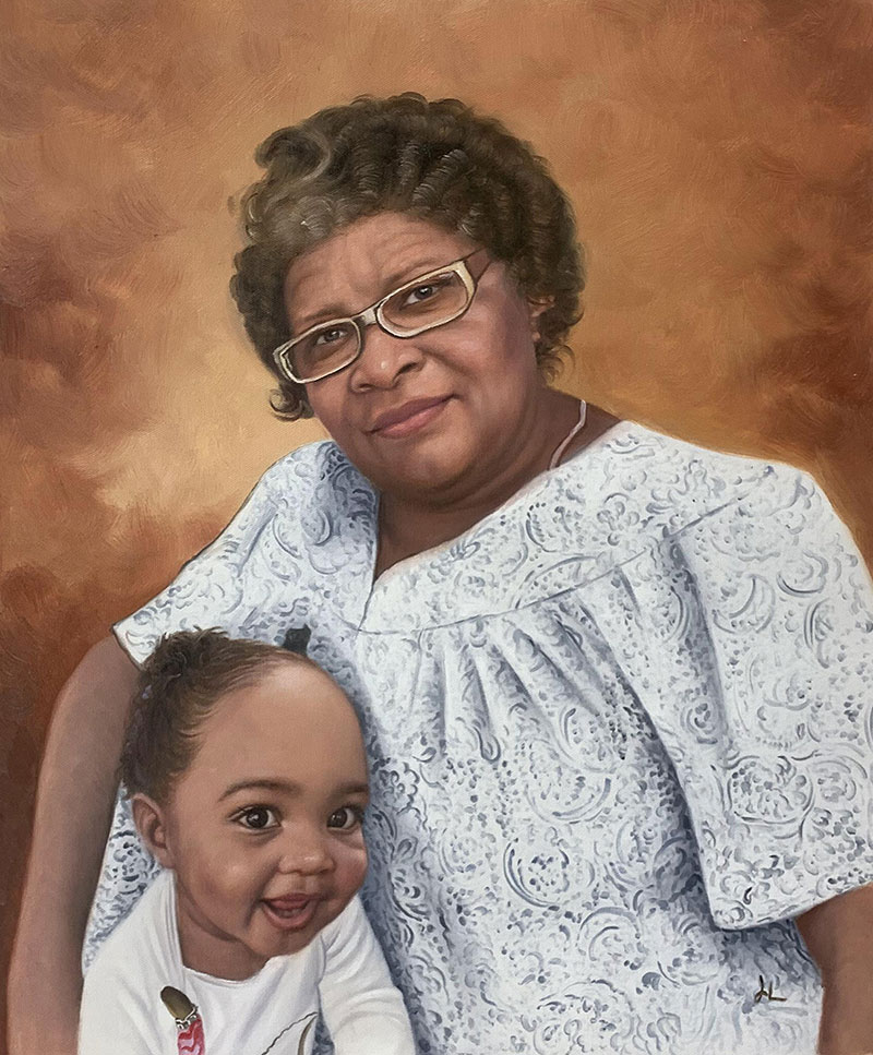 Portrait painting of an older Black woman wearing glasses and a light blue patterned dress, holding a toddler.