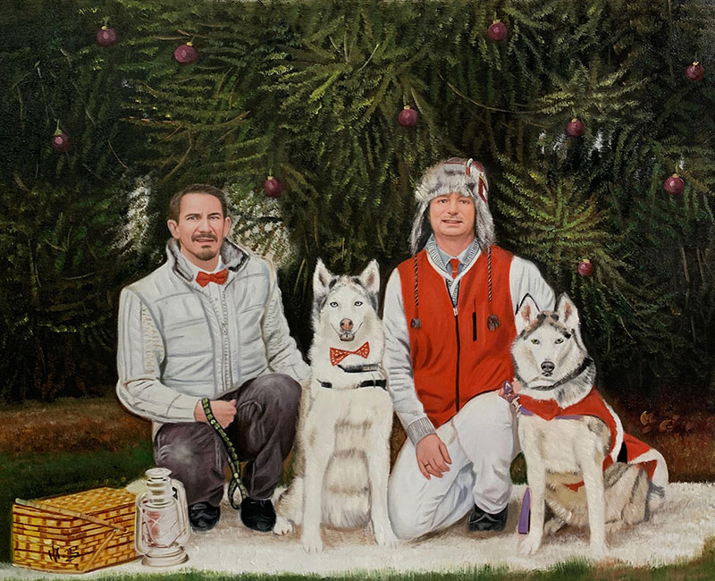 Painting of two men and two Siberian Huskies in front of a Christmas tree.