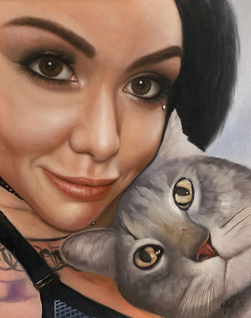 Painting of a woman and her gray cat.