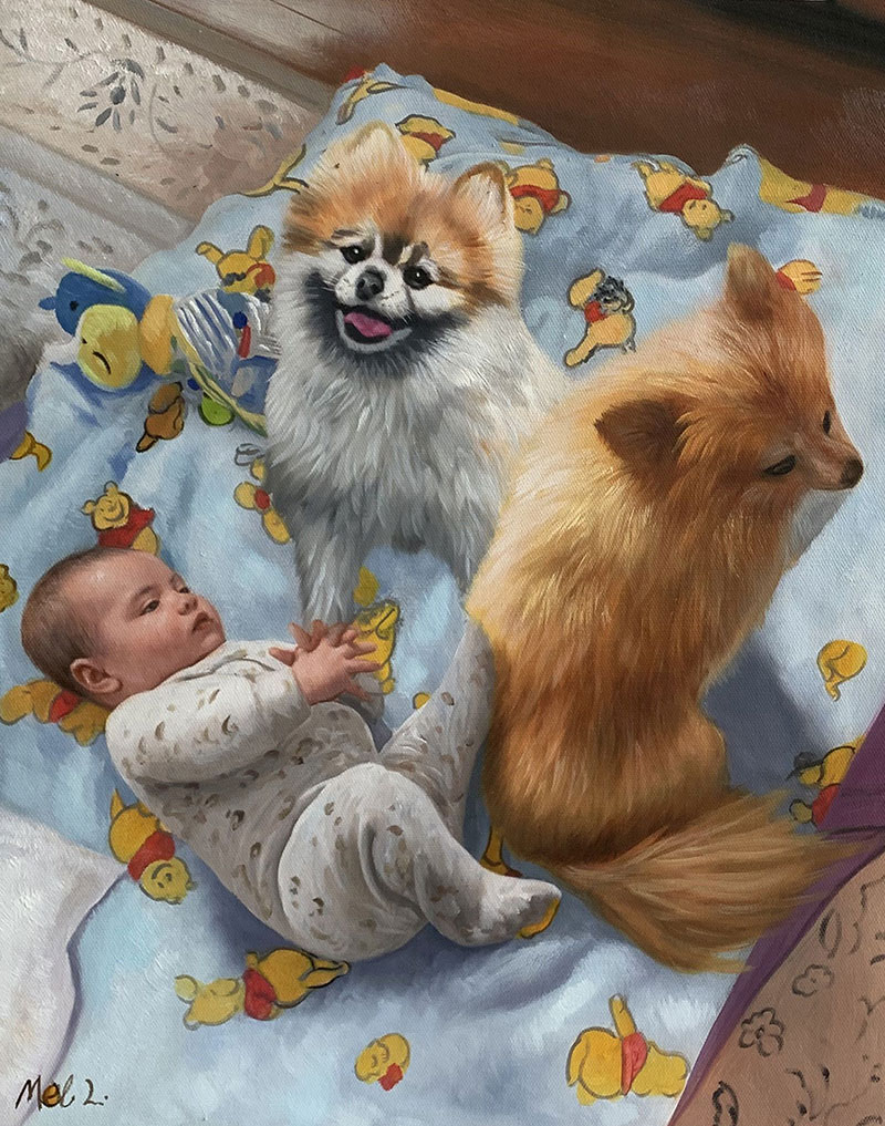 Painting of a baby and two Pomeranian dogs on a Winnie the Pooh blanket.