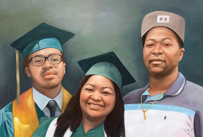 Painted portrait of a family: a mother and two children in graduation caps and gowns, and a father wearing a grey hat.