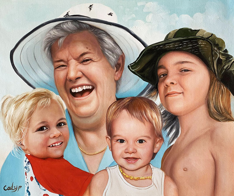 Painting of a laughing grandmother with three grandchildren.