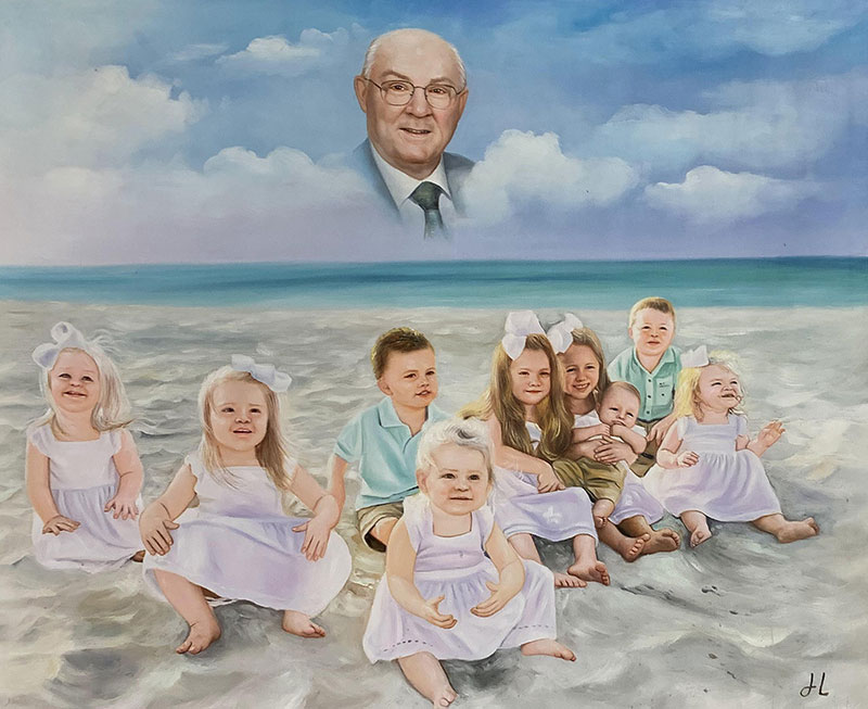 Painting of a deceased man in the upper portion, and his eight grandchildren on a beach in the lower portion.