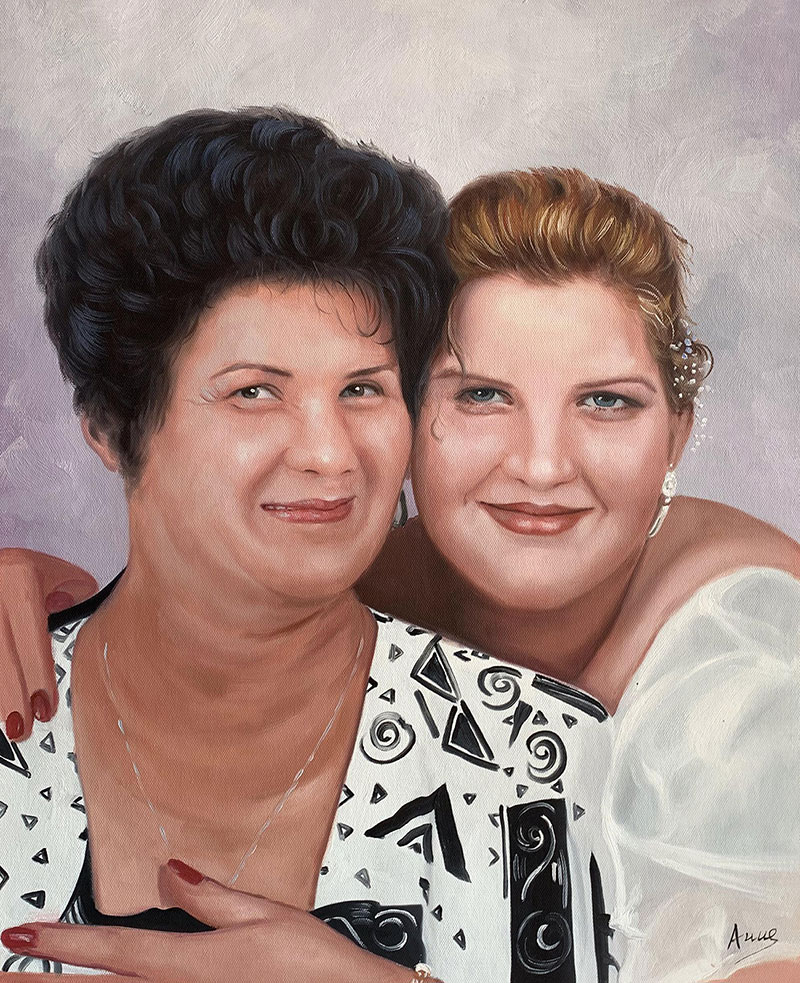 Painted portrait of two women embracing.