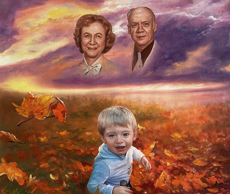 Painting of a toddler in autumn leaves, with portraits of an elderly couple in the sky above.