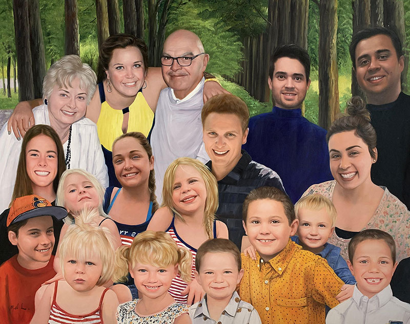 Large family portrait painting in a wooded area.