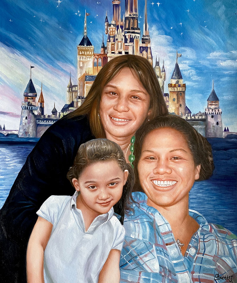 Painted portrait of three women and a young girl in front of a Disney castle.