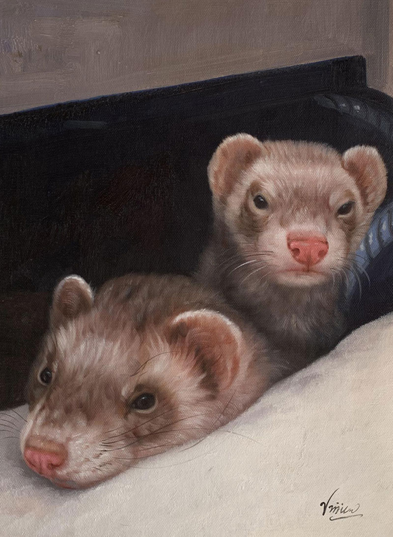 Painting of two ferrets peeking from a dark container.