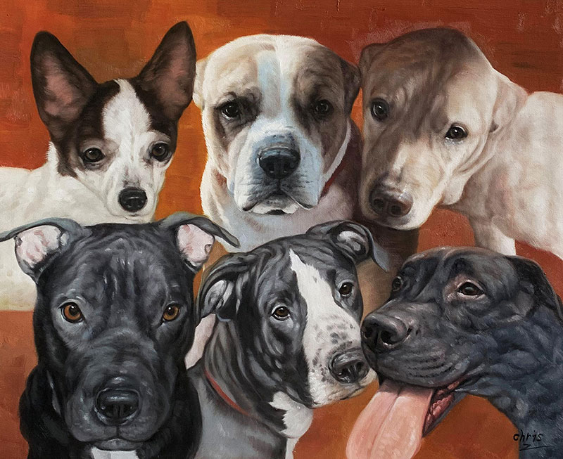 Painting of six dogs: a chihuahua, a bulldog, a lab mix, two pit bulls, and a black lab.