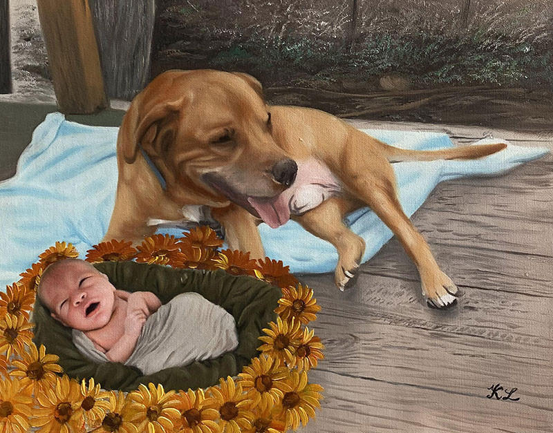 Painting of a newborn baby surrounded by sunflowers and a brown dog lying on a wooden deck.