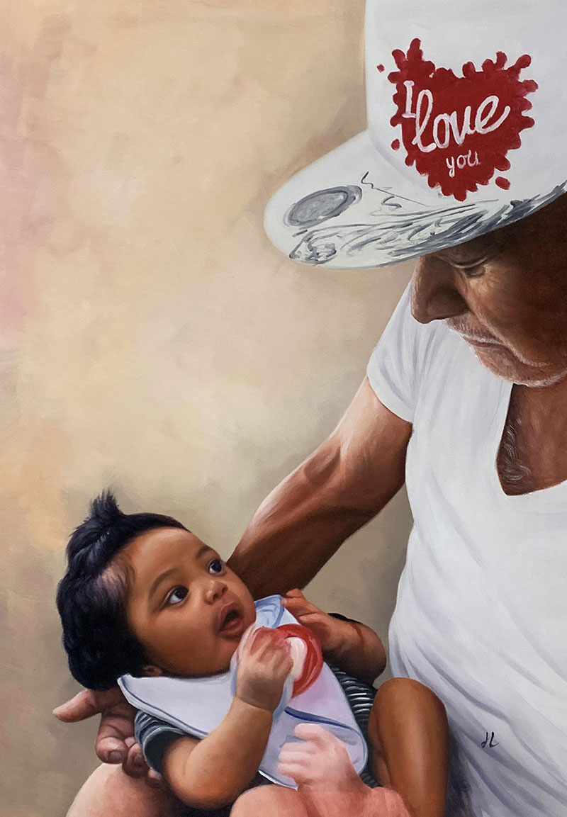 Painting of an older man in a hat that says I love you holding a baby.