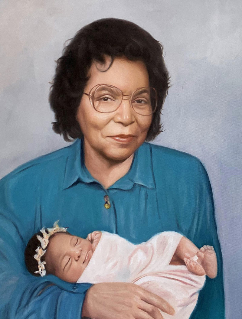 Painting of a woman in glasses holding a sleeping baby.