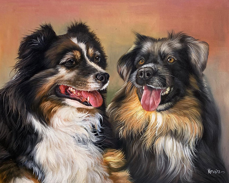 Painting of two dogs sitting side by side.