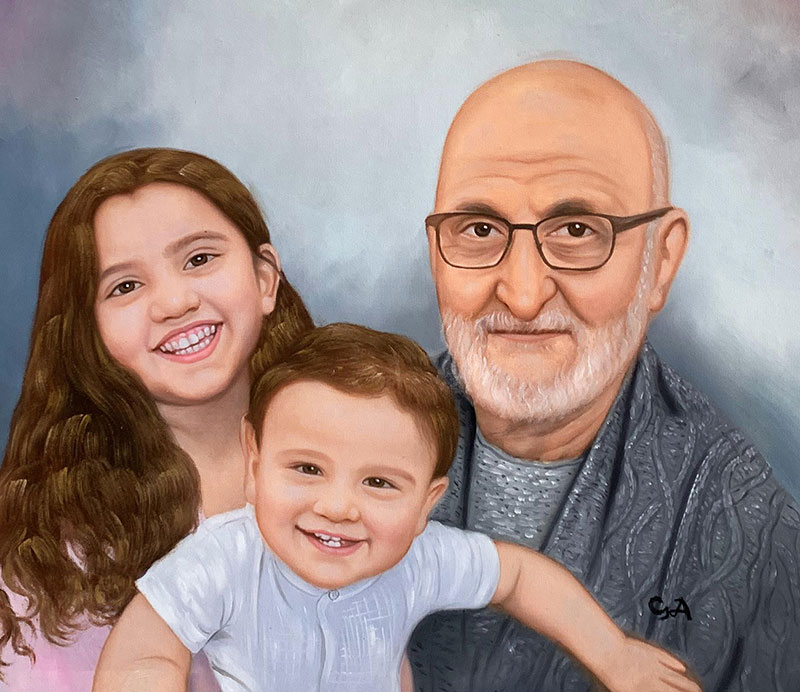 Painted portrait of a grandfather with his granddaughter and grandson.