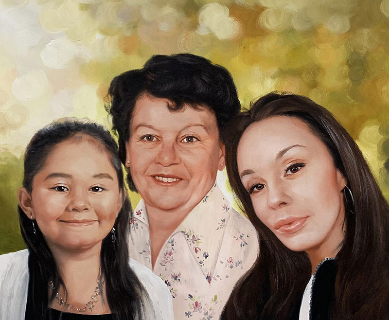 Painted portrait of three women: a young girl, a middle-aged woman, and an older woman.