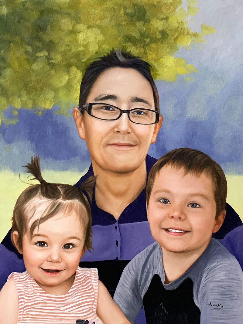Painting of a woman with two young children.