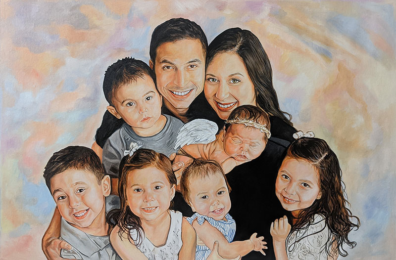 Family portrait painting, parents and five children, youngest with angel wings.