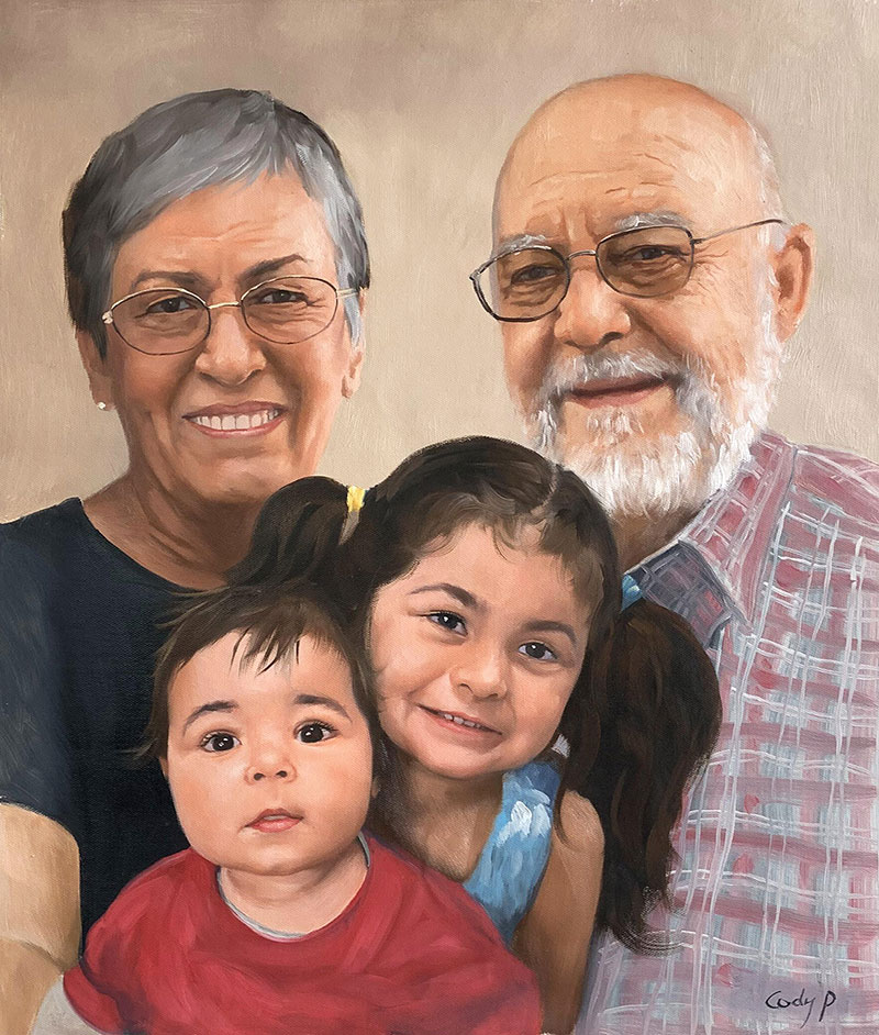 Painted portrait of grandparents with two grandchildren.