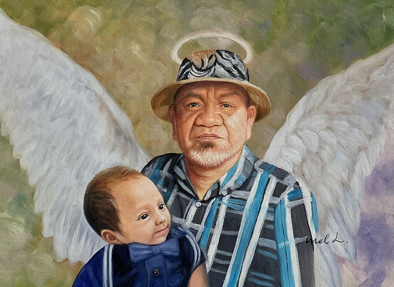 Painting of a man with wings and halo holding a baby.