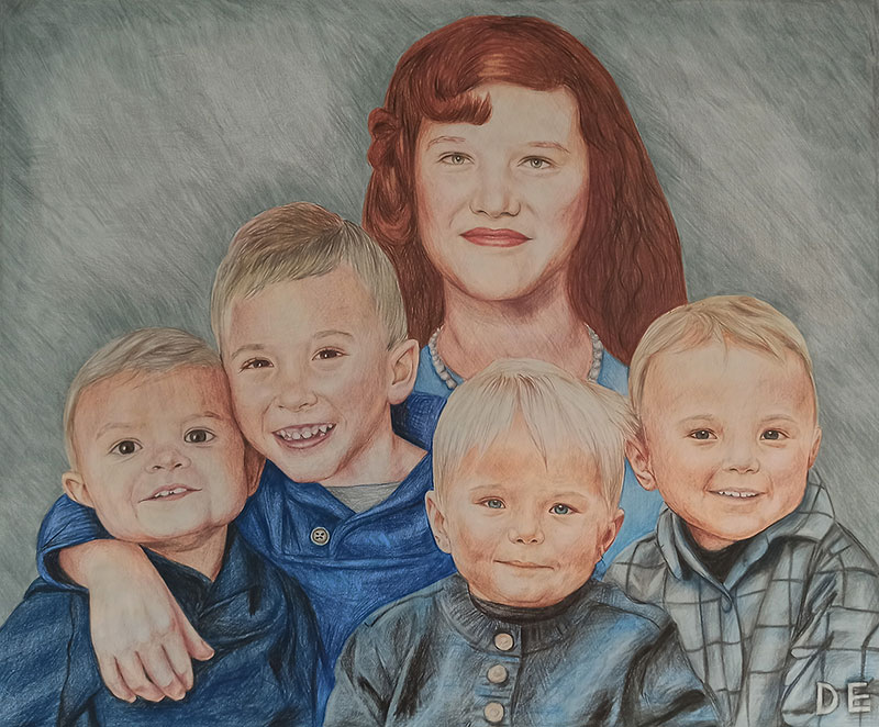 Colored pencil drawing of a girl and three boys.