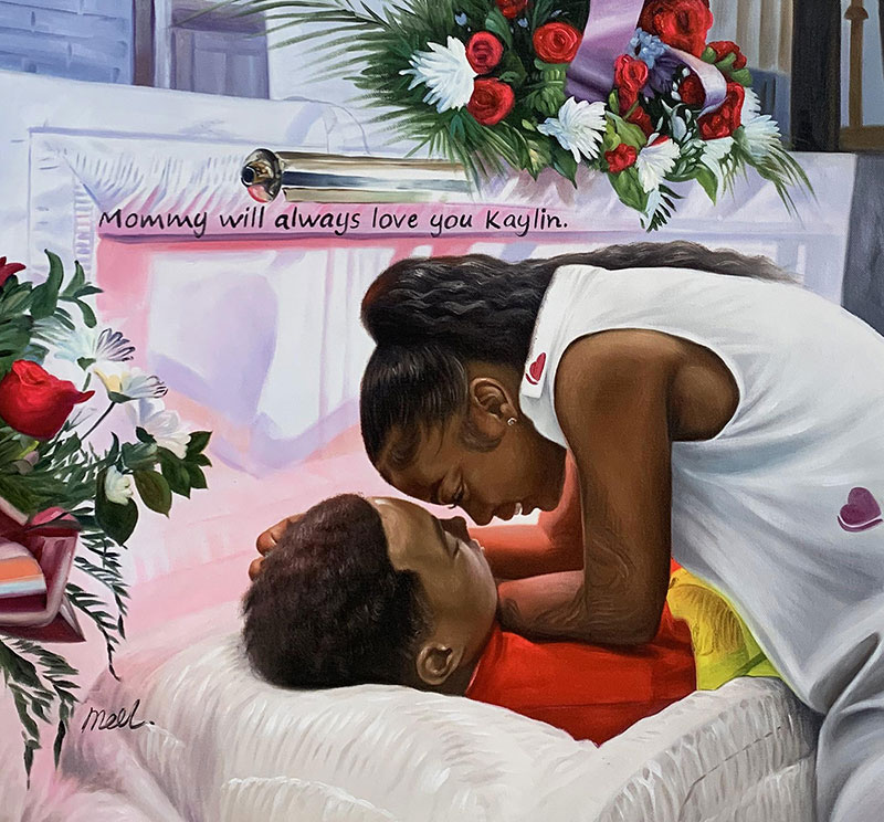 Painting of a woman leaning down to kiss a child lying in a casket, surrounded by flowers, text reads, Mommy will always love you Kaylin.