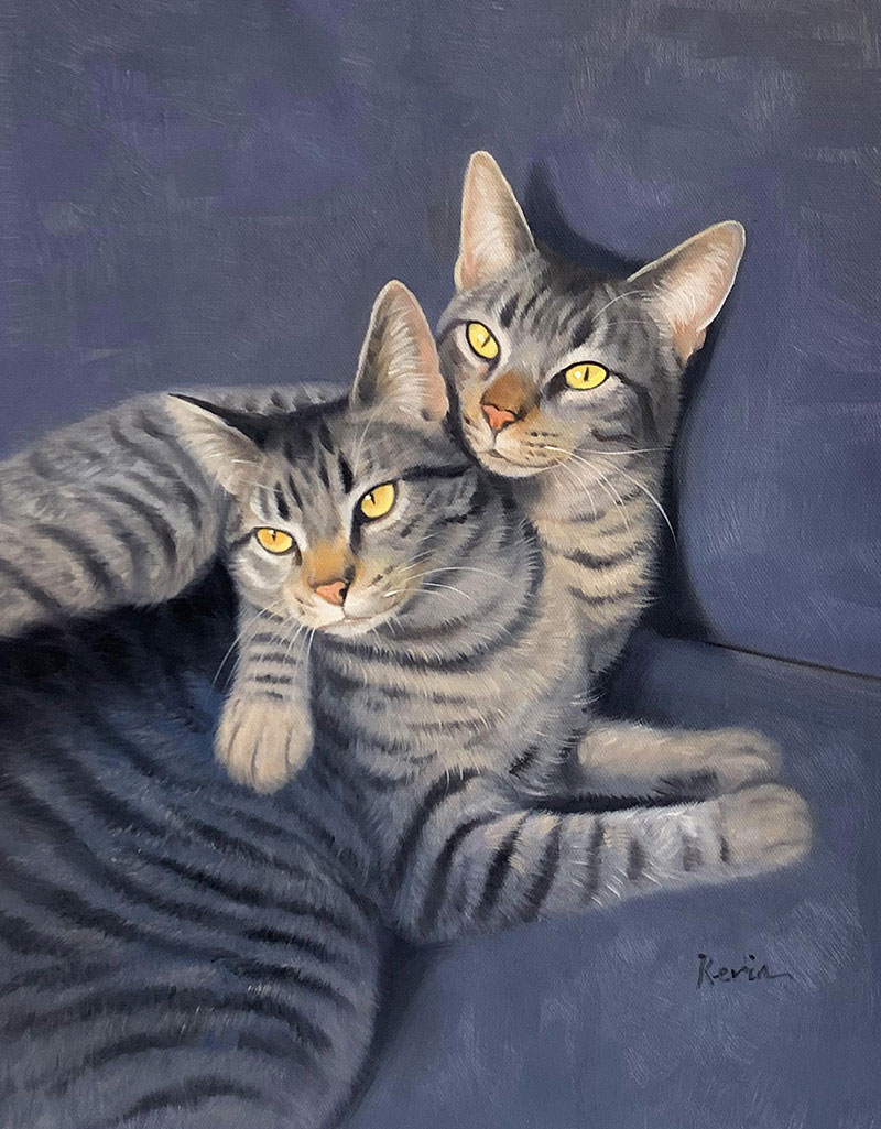 Painting of two tabby cats cuddling on a blue couch